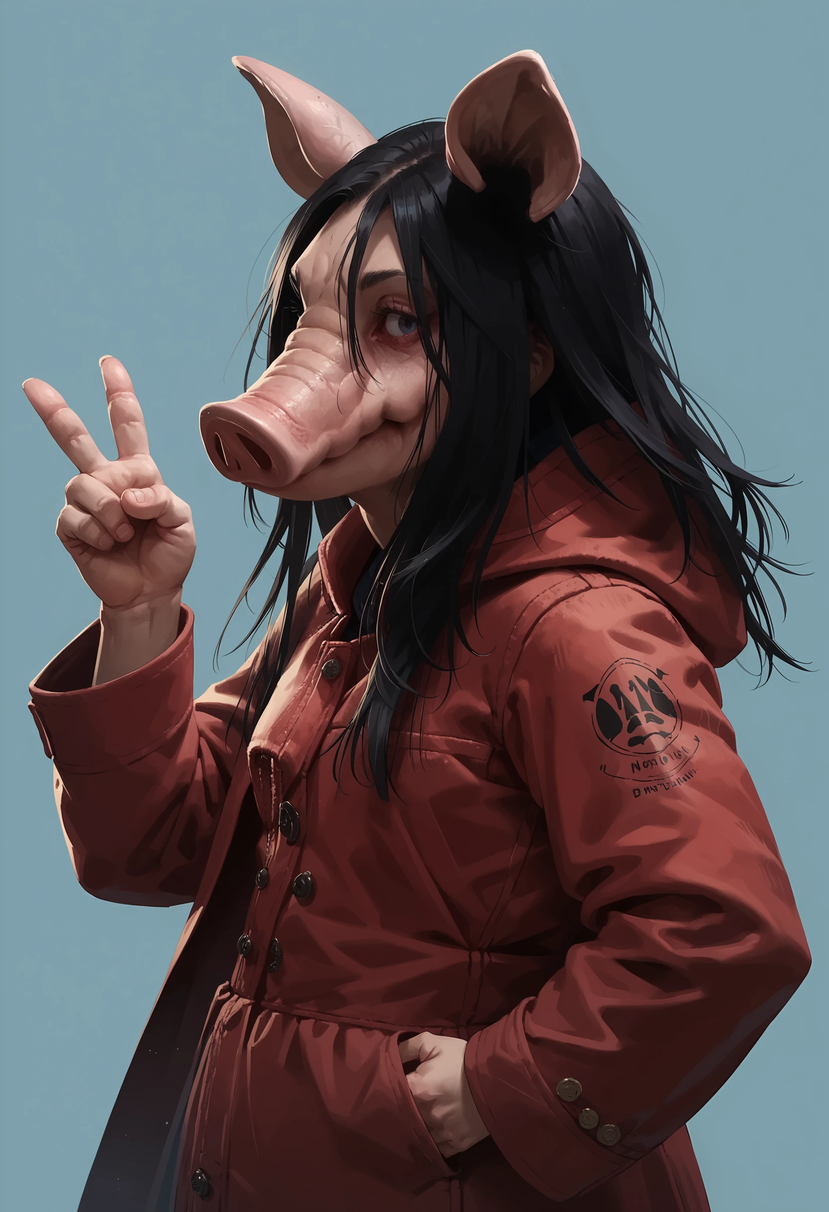 score_9, score_8_up, score_7_up, score_6_up, score_5_up, score_4_up,  1girl, <lora:ThePigDBD:0.85> animal ears, snout, pig snout, long hair, black hair, coat, red coat, hood, upper body, standing, v sign, 
light blue background, simple background