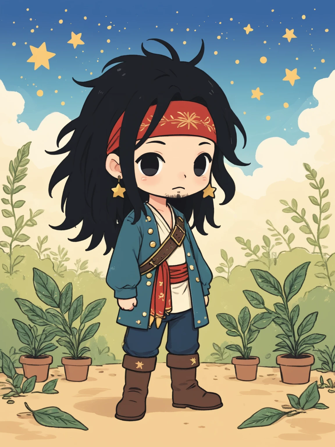 ,hunfg,1boy,solo,male focus,bandana,black hair,earrings,long hair,jewelry,facial hair,long sleeves,chibi,boots,standing,full body,stbejing,leaf,plant,traditional media,sky,star \(sky\),cloud,<lora:wwm828:0.7>