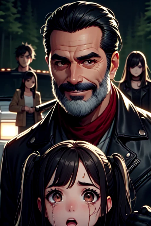 multiple views, close-up, negan, 1guy, holding weapon, facial hair, undercut, red scraf, black leather jacket, black gloves, narrow waist, slender man, 1girl, 2girls, multiple girls, fear, scared, crowd, truck, night, forest, realistic, <lora:girlhatenegan:0.9>