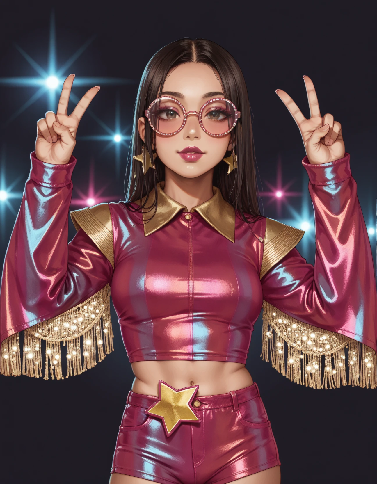 score_9, score_8_up, score_7_up, score_6_up, score_5_up, score_4_up, 1girl, makeup, lipstick, large breasts, Slicked-Back Taper Cut, hud_z1ggysd, pink sunglasses, round eyewear,  iridescent, multicolored crop top, fringe, long sleeves, midriff, shorts, star (symbol), upper body, <lora:ziggy_stardust:0.8>, stage lights, double v