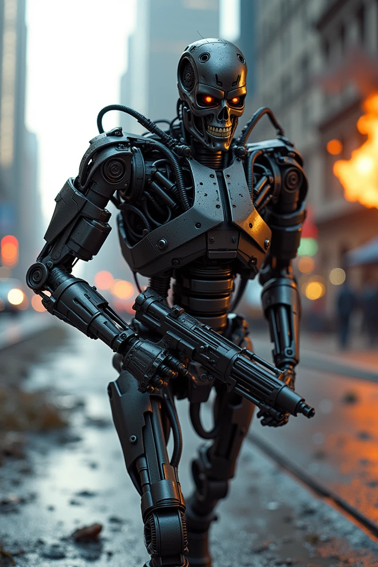 terminator-800,a robot running in city and firing with machine_gun, 