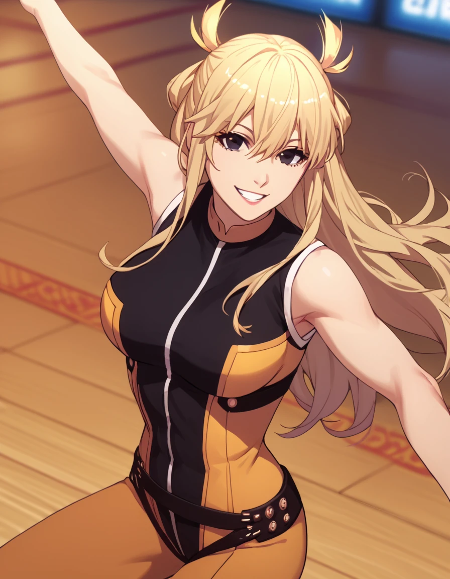 <lora:GoGoLoserRanger:1>score_9, score_8_up, score_7_up, score_6_up, score_5_up, score_4_up, source_anime,  , smile, dynamic pose,   Yumeko, long hair, blonde hair, hair between eyes, medium breasts, sleeveless, black eyes, bodysuit,