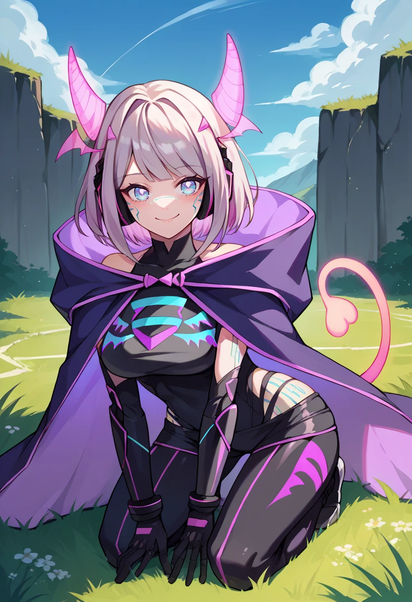 score_9, score_8_up, source_anime, 1girl, solo, MotherV3, short hair, multicolored eyes, pink horns, head wings, facial mark, headphones, black bodysuit, neon trim, hip vent, black elbow gloves, purple cape, tail, outdoors, kneeling, on grass, smile, <lora:ChamMotherv3PonyXL:1>