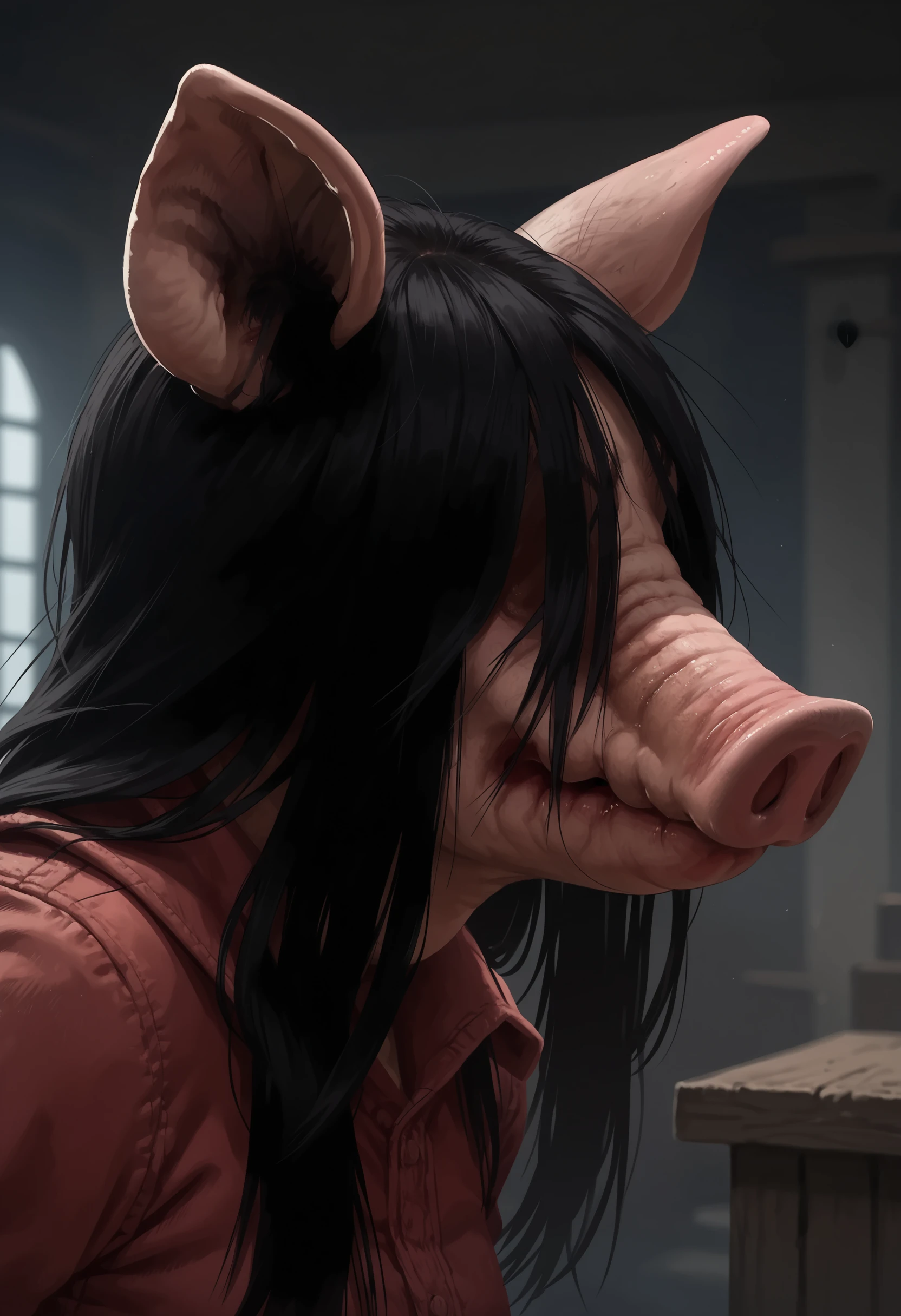 score_9, score_8_up, score_7_up, score_6_up, score_5_up, score_4_up,  1girl, <lora:ThePigDBD:0.8> animal ears, snout, pig snout, long hair, black hair,  eyeless, close up, face focus, scary face, from side, 
dark factory background, indoors, blurry background