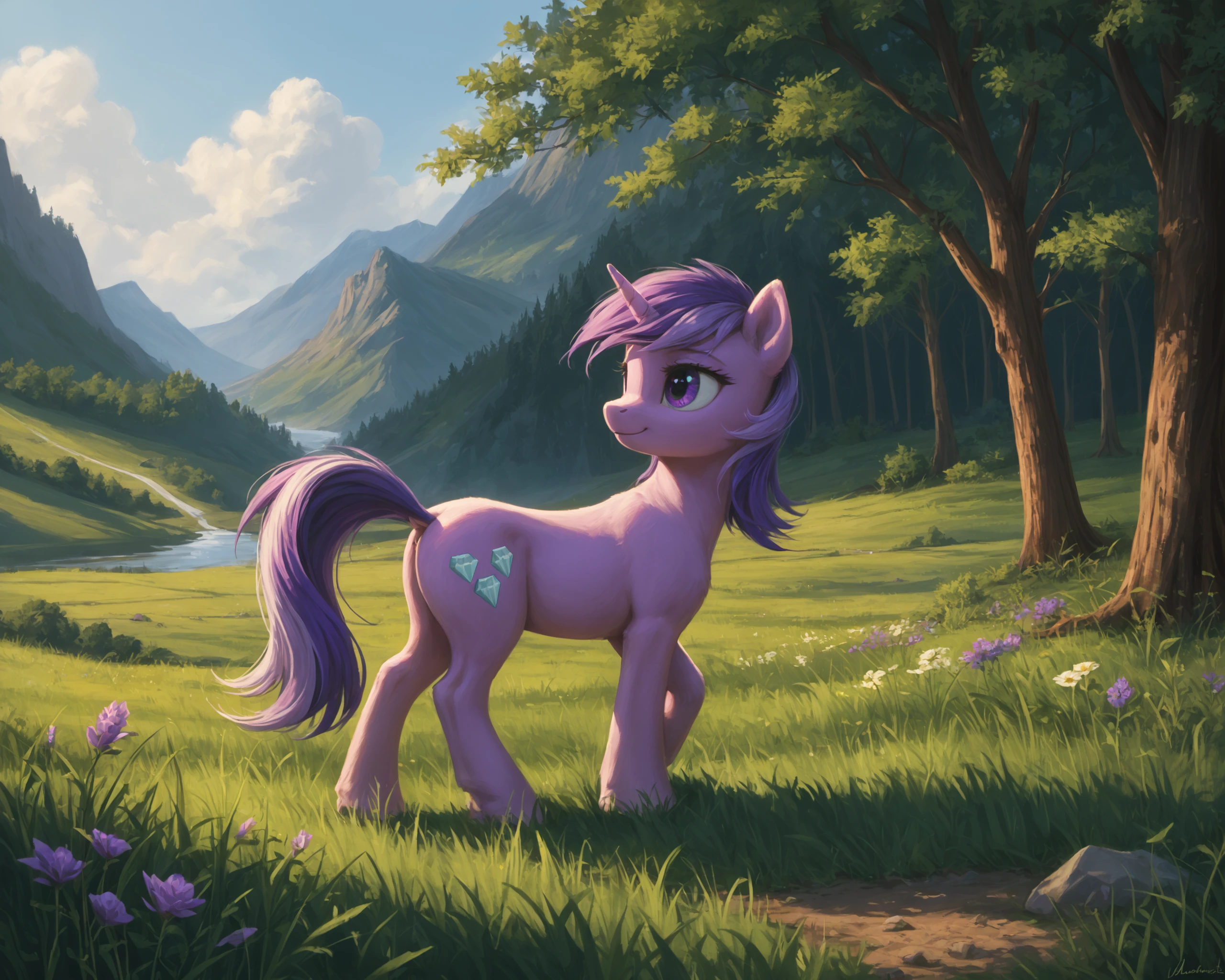 score_9, score_8_up, score_7_up BREAK
source_pony, rating_safe, solo, amethyst star, looking away, scenery porn, meadow, shallow stream, large boulders, tall grass, rule of thirds, detailed, detailed background, best quality <lora:amstr_new:1>