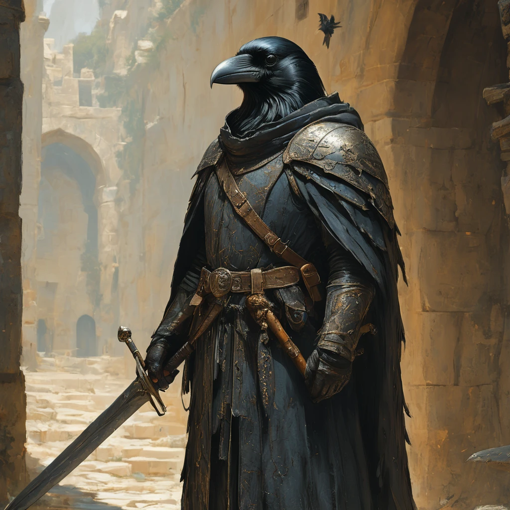 Corvidfolk, warrior, armor, cape, holding a sword, holding weapon