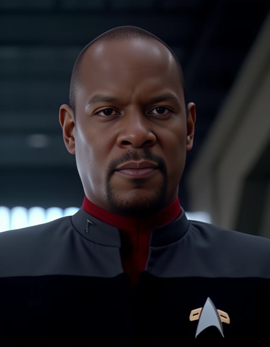 still cinematic photo breathtaking <lora:sisko-flux:1> captain, benjamin, sisko, star, trek, man, red, uniform, deep, space, nine,  man 4K resolution,black DS9 uniform with gray shoulders and red collar, confident gaze, futuristic background, space-themed imagery