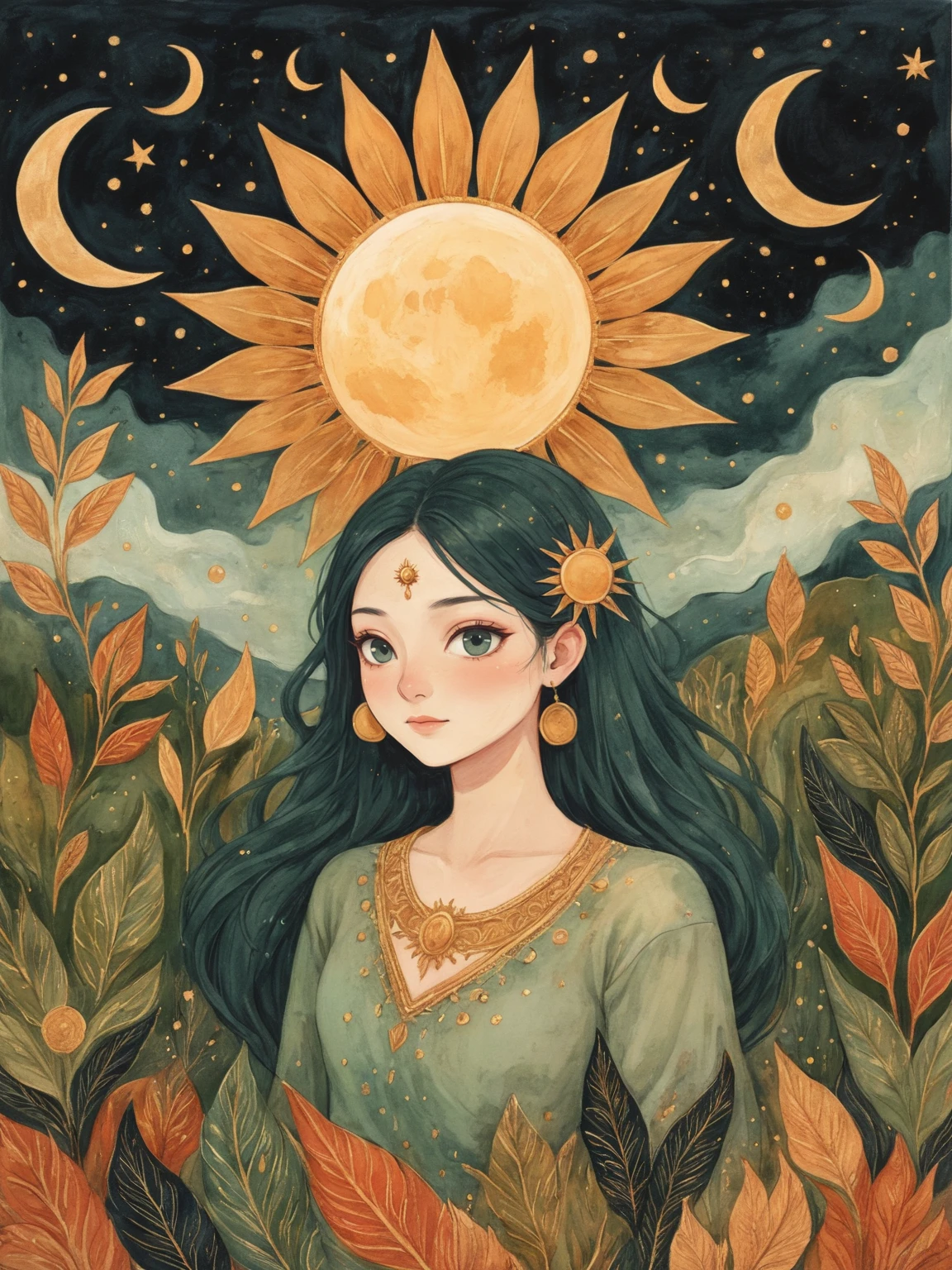 ,hunfg,1girl,solo,long hair,upper body,stbejing,crescent moon,moon,leaf,plant,sun,sun symbol,traditional media,sky,star \(sky\),cloud,<lora:wwm828:0.7>