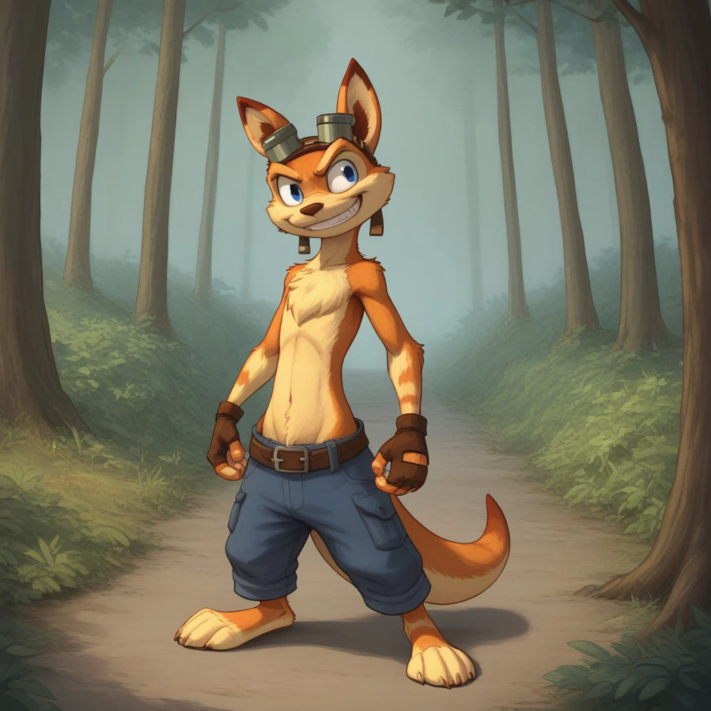 score_8, score_9, break, solo, daxter, goggles, furry, fingerless gloves, tail, standing, smirk, forest