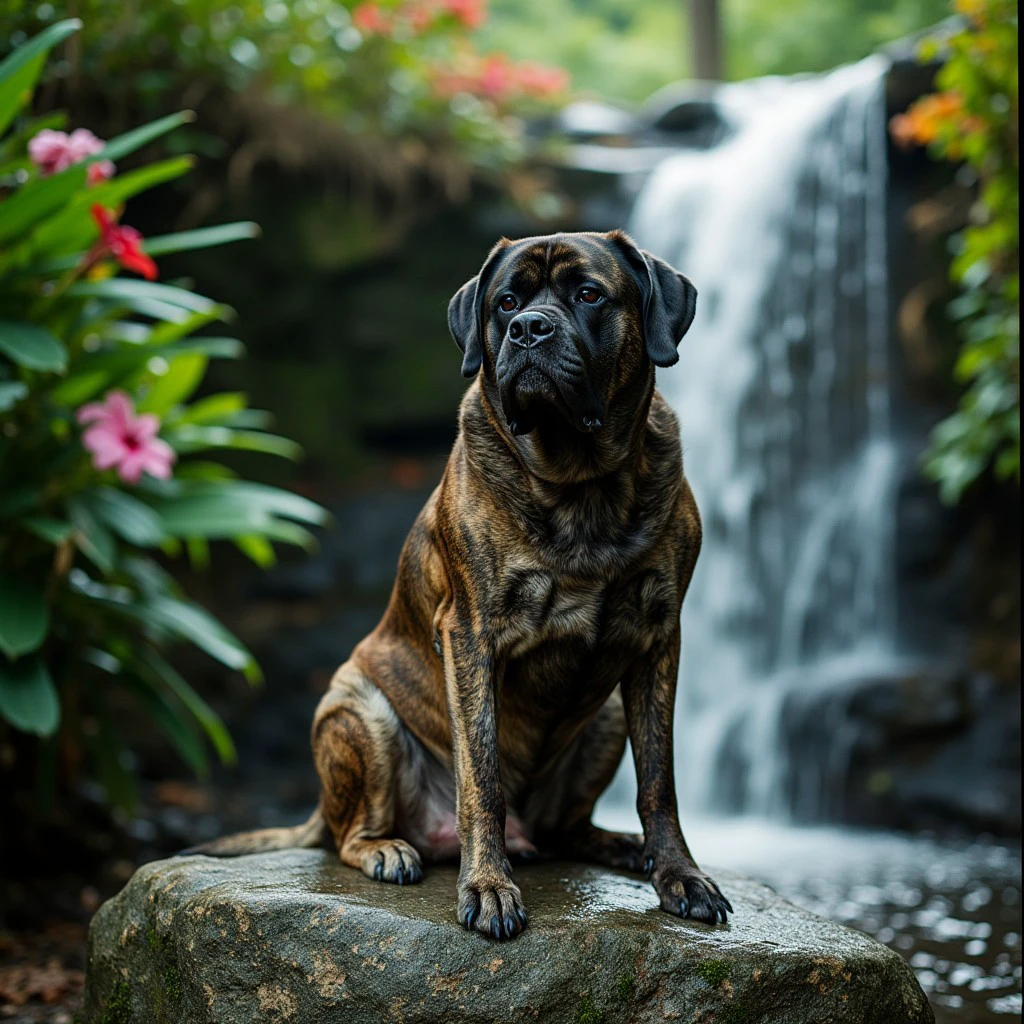 Brindle English Mastiff, looking at the camera, sitting on a boulder surrounded by a waterfall, background is lush green tropical jungle with colorful flowers. Photo taken with Hasselblad X1D-50c with 18-55mm STM lens ultra intricate details and textures 16k maximum resolution possible 600dpi, Philipp Otto Runge, moody lighting, Kodak Ektar 100, specular lighting