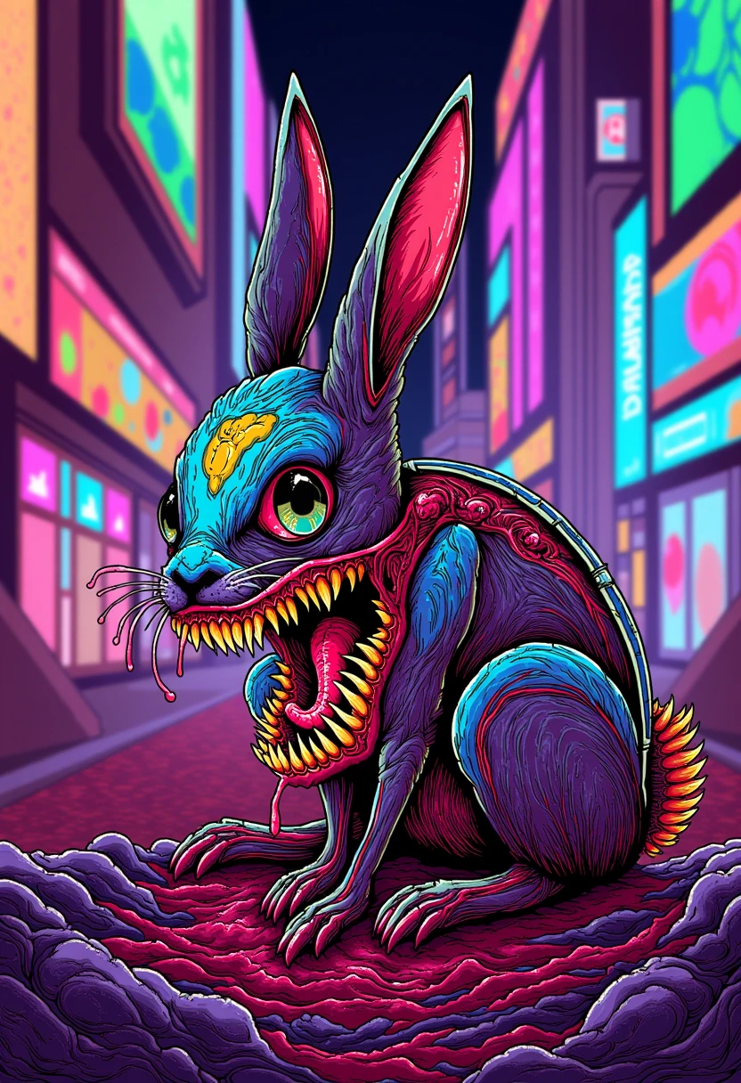 A cybergore scene featuring a once-pure bunny now transformed with cyberpunk elements. Imagine this graceful animal with a mix of natural beauty and futuristic tech, like glowing circuits and robotic enhancements, set against a neon-lit, cyberpunk city background. The contrast between the animal’s innocence and the corruption is clear, with the body consumed. It sports sharp teeth and bioluminescent body.