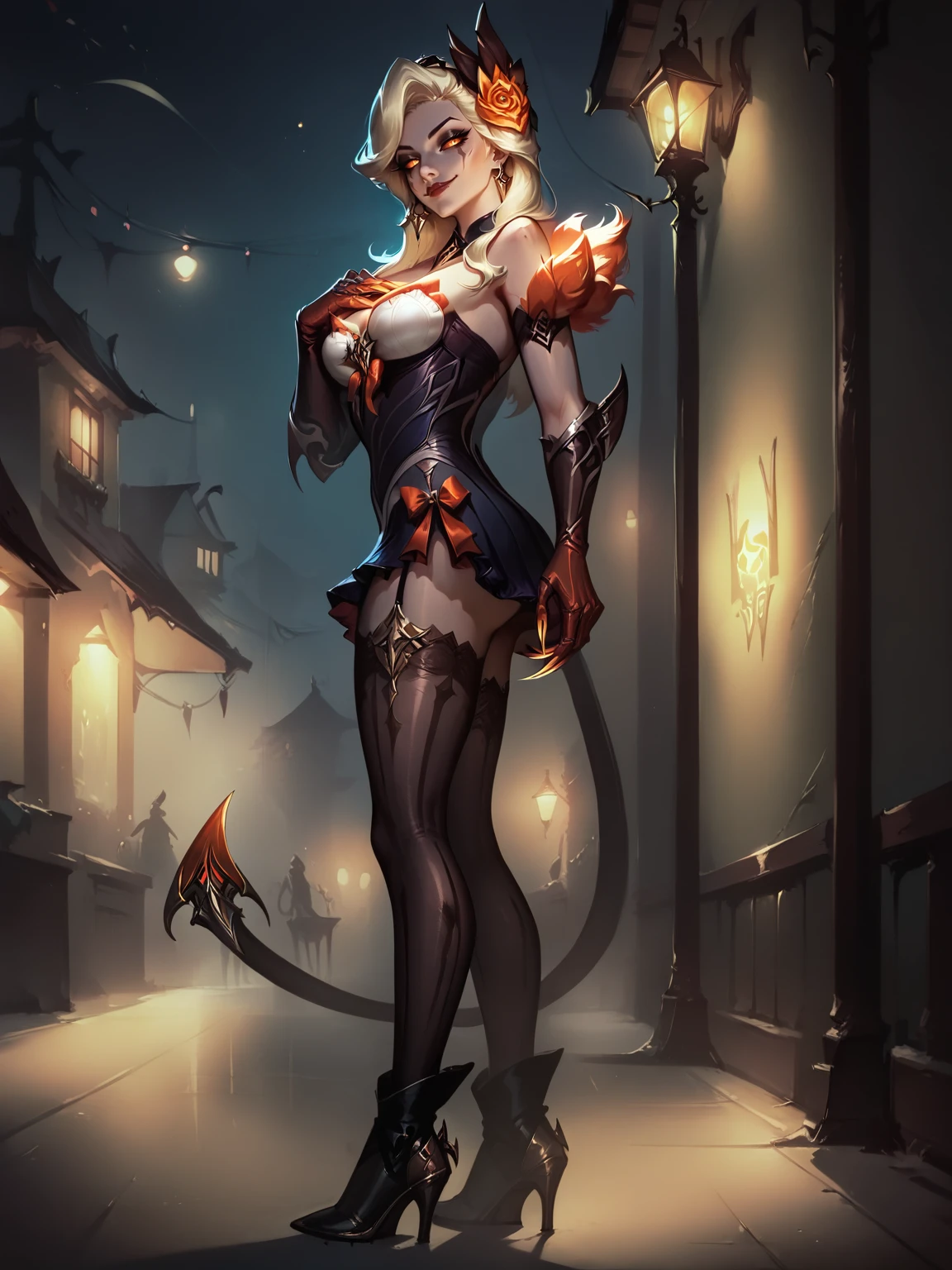 score_9, score_8_up, score_7_up, BREAK, EvelynnHighNoon, 1girl, Solo, blond hair, hair decoration, black makeup, facial marks, necklace, short dress with orange fur, long gloves, mitts, orange claws, black pantyhose, black shoes, two demonic tails, smirk, concept art, realistic, dark theme, low light, robot body, robot joints, sci-fi town, neon lights, from side view, crossing hands on chest, smug, night,  <lora:EvelynnHN:1>  <lora:Concept Art DarkSide Style LoRA_Pony XL v6:1>