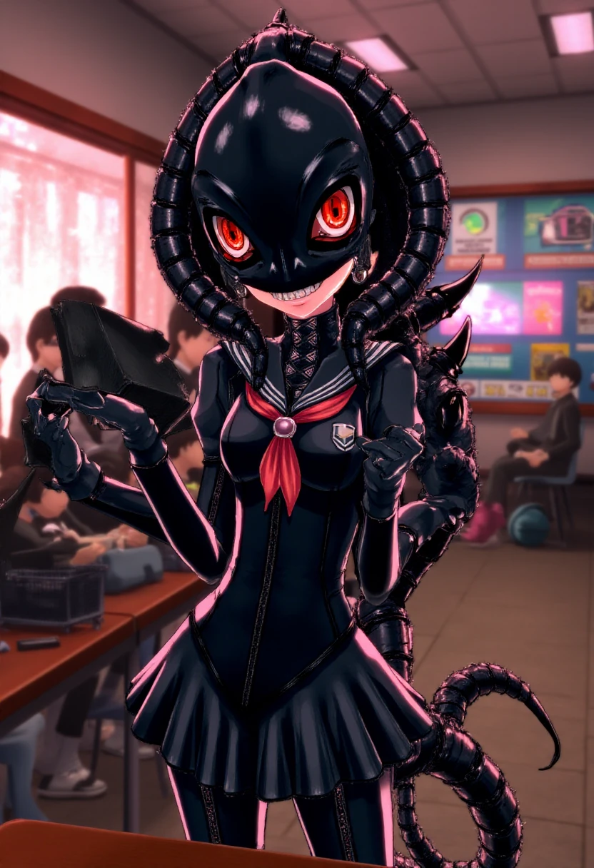 p5style, black Xenomorph wearing sailor fuku outfit, blushing shyly holding her own hands together. Pop punk school background. 