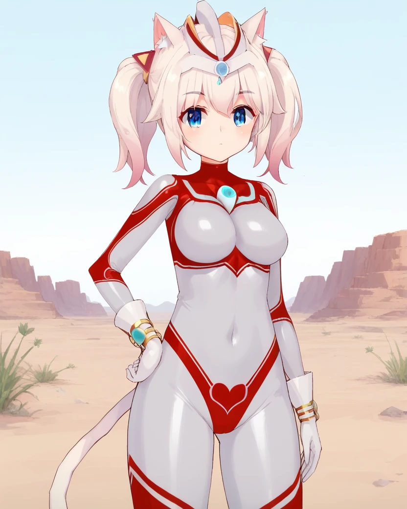 <lora:JunNeko:1>,junneko,twintails,white hair,cat tail,headgear,chest jewel,medium breasts,18yo,
blue jewel,body markings,gloves,bracelet,bodysuit,
1girl,solo,
standing,hand on own hip,
desert,, score_9,score_8_up,score_7_up,source_anime,best quality,masterpiece,uncensored,detailed eyes,<lora:add-detail-xl:0.7>