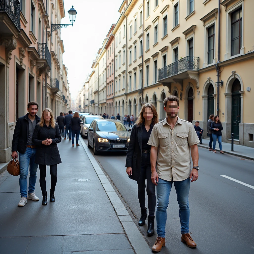 Photo of a european sidewalk with pedestrians and couple cars on the road. Censored faces and licence plates.