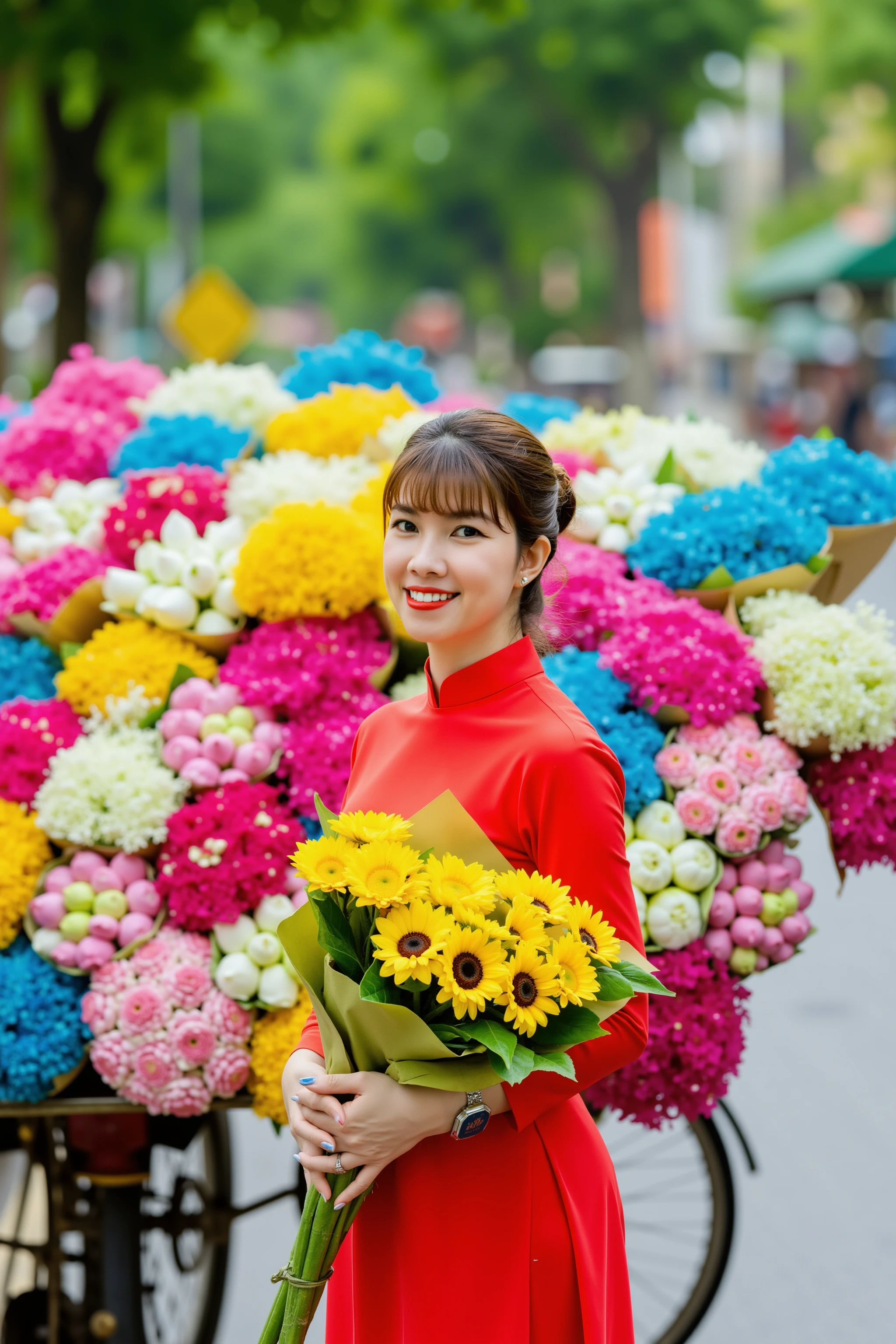 HanoiGirl, aodai, a girl wearing a traditional Vietnamese dress. She is standing in front of a large bouquet of colorful flowers. looking at viewer. The cart is parked on a street with trees and buildings in the background. The flowers are arranged in a variety of colors, including pink, yellow, blue, green, and white.. The overall mood of the image is cheerful and vibrant.