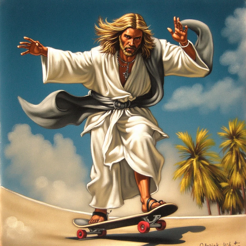 Canadian Jesus riding a skateboard, in the style of velvis