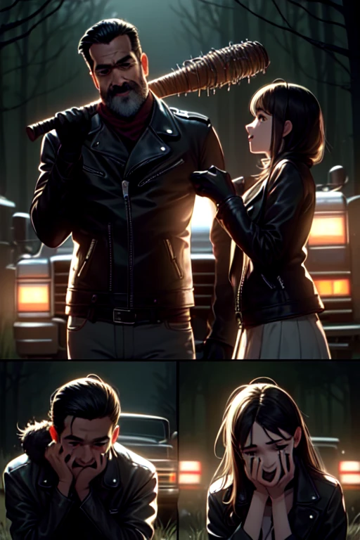 multiple views, close-up, negan, holding weapon, 1guy, dancing, facial hair, undercut, red scraf, black leather jacket, black gloves, narrow waist, tall male, 1girl, 2girls, multiple girls, fear, scared, crowd, truck, fog, night, forest, realistic, <lora:girlhatenegan:0.9>