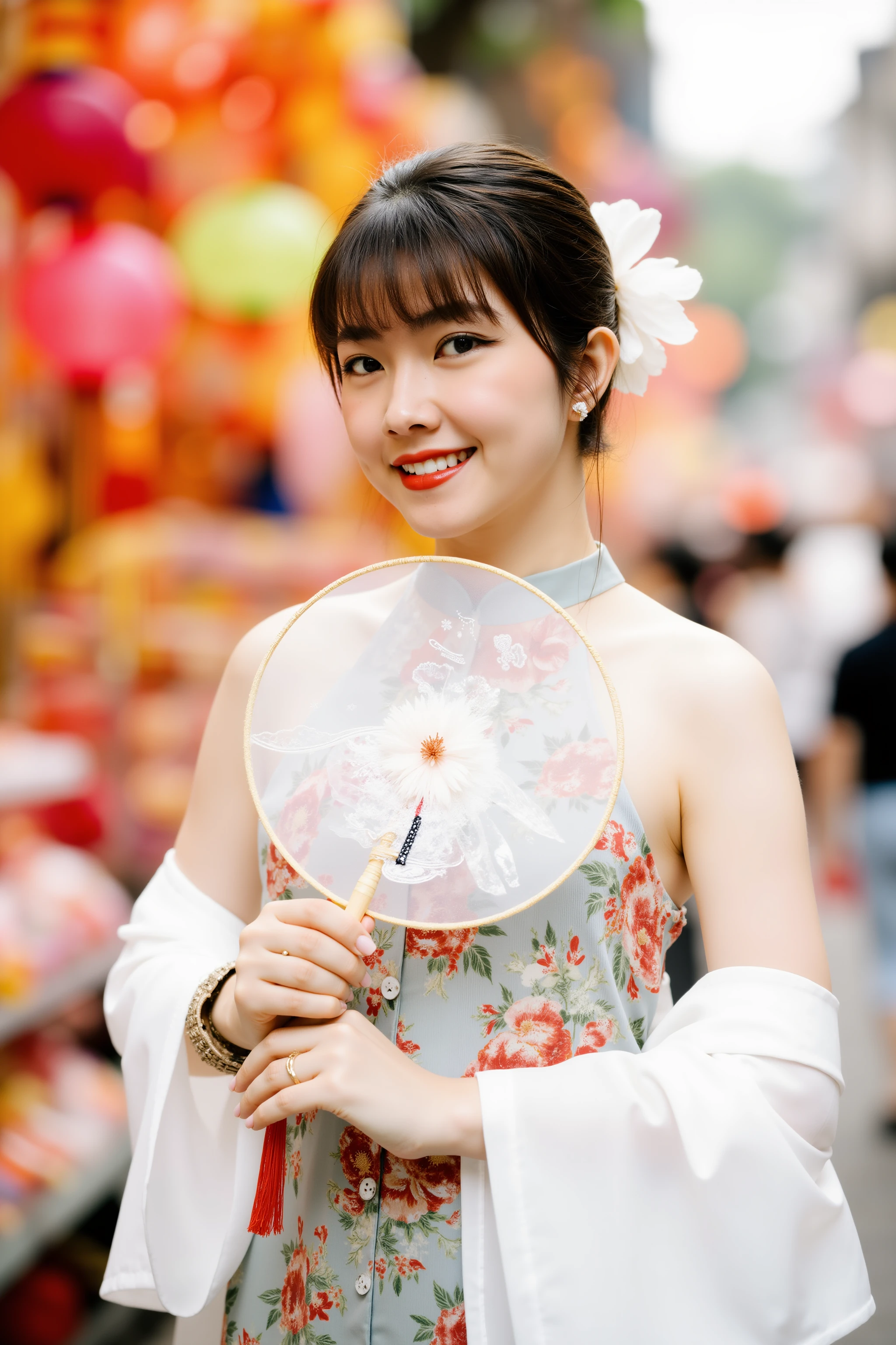HanoiGirl, MidAutumn, A young woman is posing gracefully in a lively and colorful street, surrounded by vibrant festival decorations. She is dressed in a sleeveless floral dress with traditional Asian elements and a white shawl draped elegantly around her arms. Her hair is neatly styled in an updo, accented with a large white flower. She holds a delicate round fan with a floral design close to her chest. Her expression is gentle and serene, with a slight smile on her lips. The background is filled with bright, festive colors, creating a joyful and cultural atmosphere.