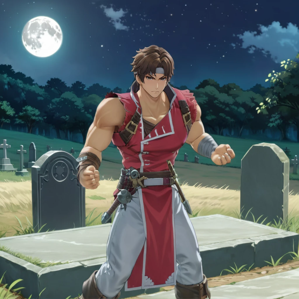 1boy, RichterBelmontXL, standing over grave, serious face, moonlight <lora:RichterBelmontXL:.9>, brown hair, red tunic, (anime, masterpiece, intricate:1.3), (best quality, hires textures, high detail:1.2), (4k),(incredibly detailed:1.4),UHD, 8K, ultra detailed