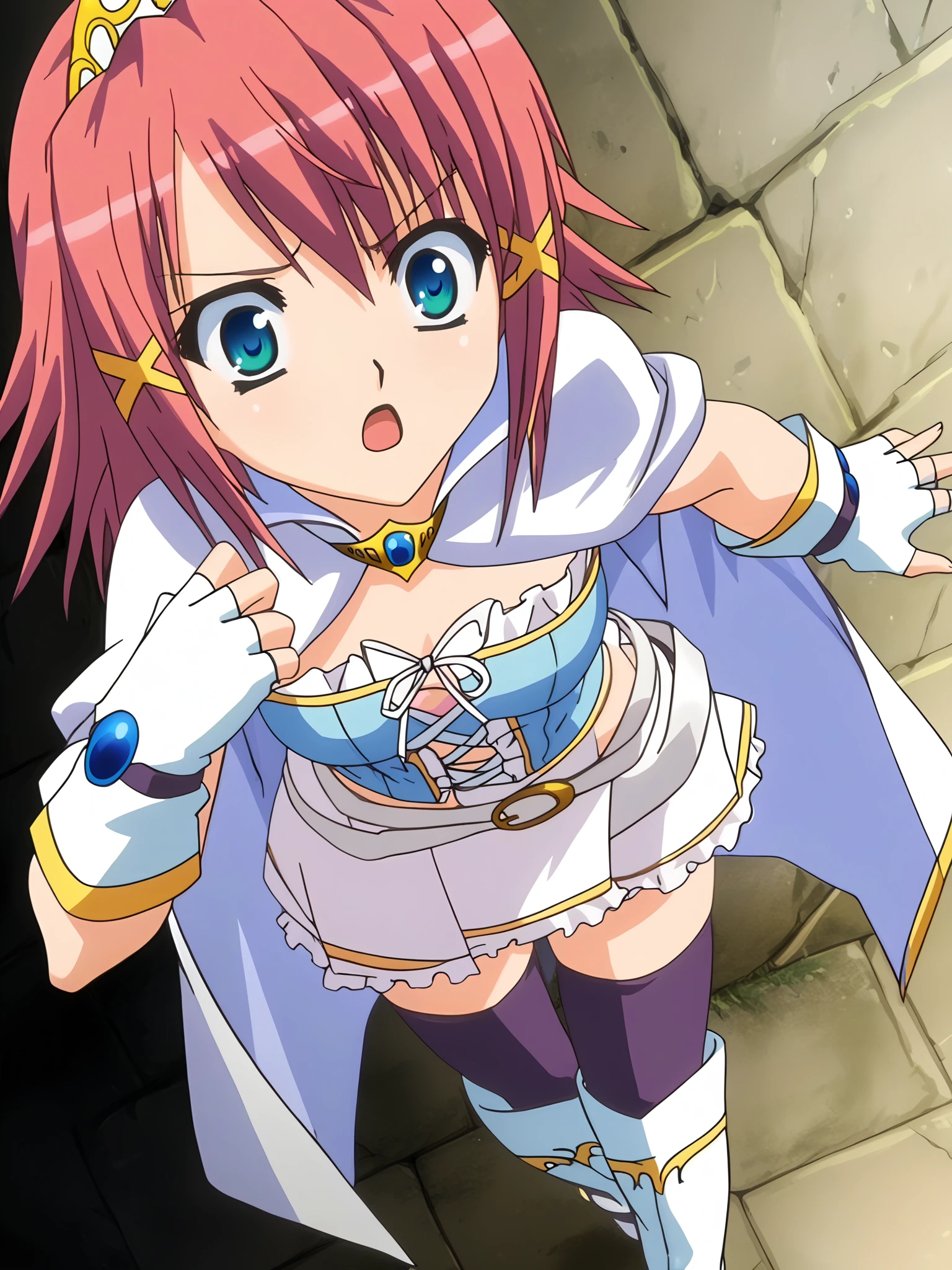 <lora:happy_tentacle-asuka-v0.1-000035:1>, ht_asuka, wizard, skirt, miniskirt, purple thighhighs, thigh boots, white footwear, white belt, white gloves, fingerless gloves, cape , 1girl, solo, upper body , evil eyes , ( surprised :1.1), heavy breathing , looking at viewer, from above