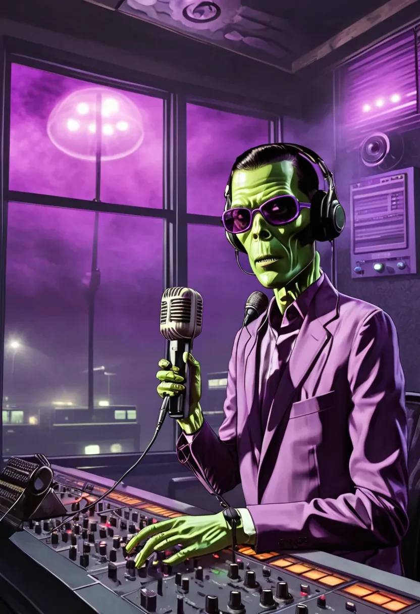 high quality, professional digital poster art of Art Bell broadcasting in a dark smokey radio booth, green alien in the window, vintage microphone, dark glasses, purple glow, ultra detailed, GTA style <lora:GTA_epoch_10:1.3>