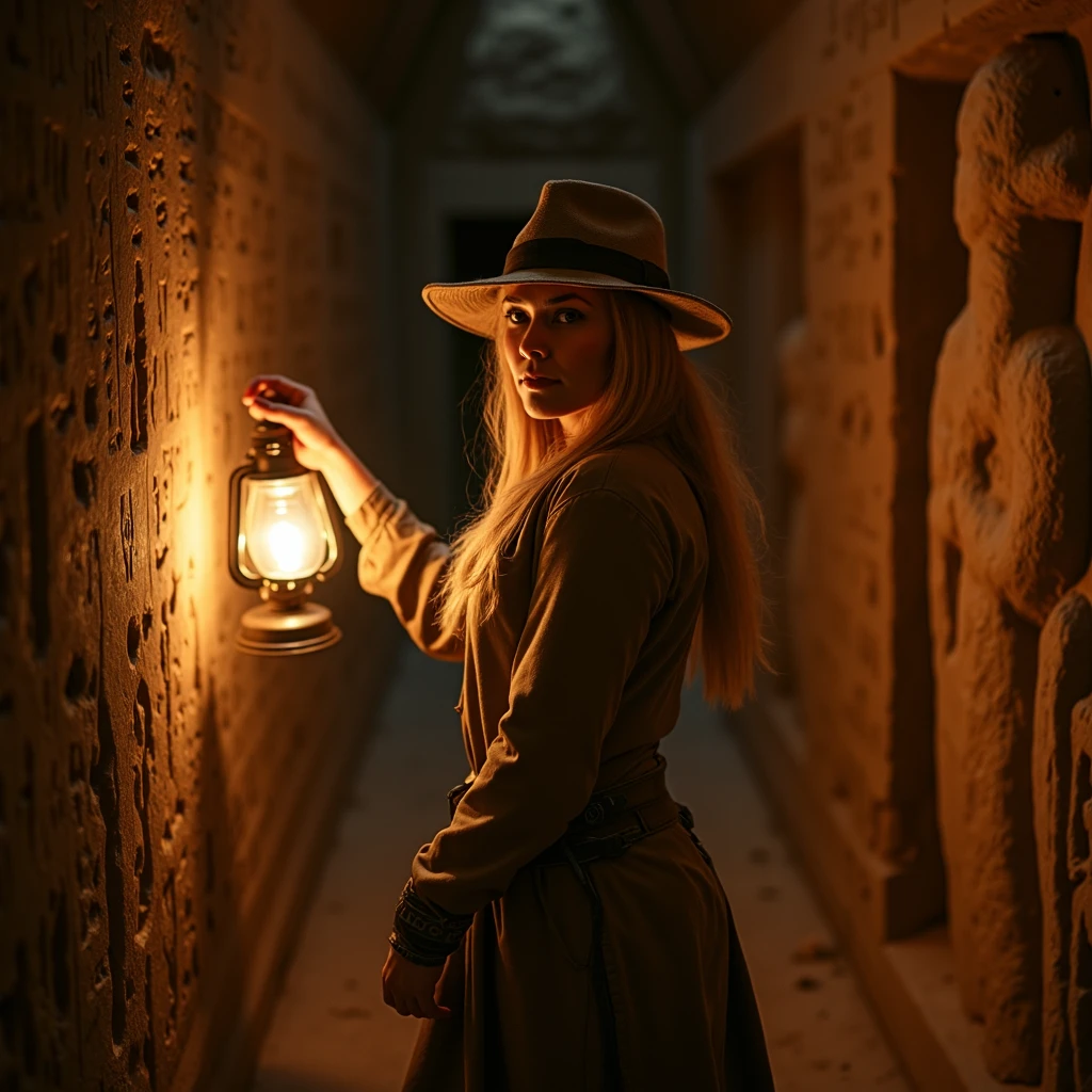 briborgen woman, blonde explorer, adventurer outfit, entering an acient egypt tomb with hieroglyphs and golden and silver ancient egyptian grave things and artifacts all over the place, looking at viewer, movie still, from front, oil lamp in hand, mysterious setting, ponytail, hat, 