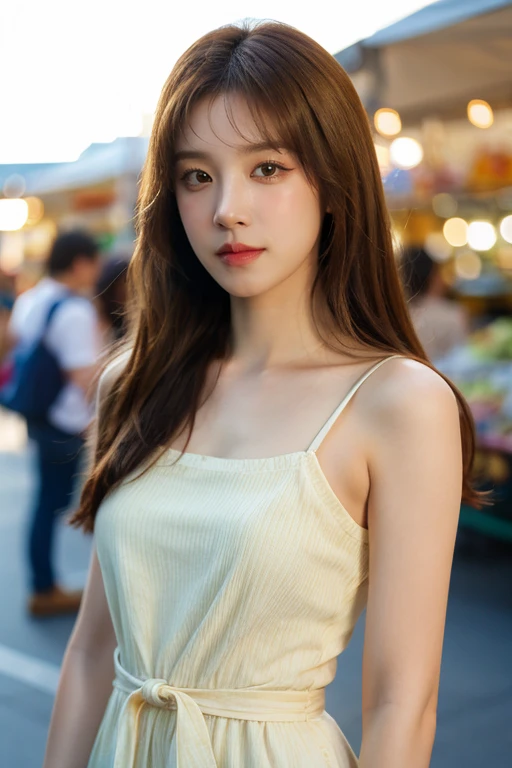 masterpiece, best quality, ultra-detailed, ultra high res, (photorealistic:1.4), raw photo, (realistic:0.2), 8k HDR, realistic lighting, looking at viewer, 1girl, solo, asymmetrical brown hair, outdoor, sky, (traditional market:1.2), bokeh, (detailed lips), (day), (detailed pores), (detailed skin textures), (detailed face:1.2), (body:1.2), a woman portrait in a sundress, cowboy shot,