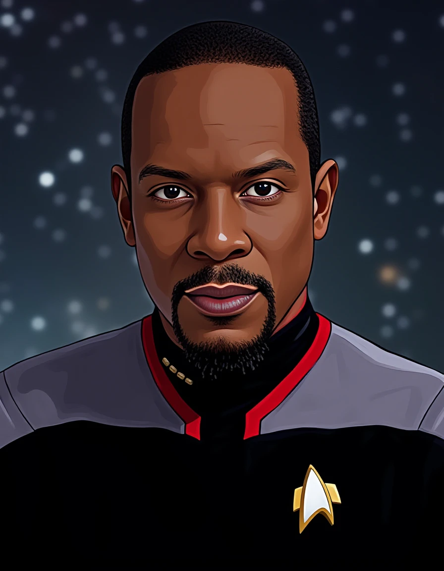 <lora:sisko-flux:1.0> captain, benjamin, sisko, star, trek, man, red, uniform, deep, space, nine,  40 years old  afroamerican  man ,black DS9 uniform with gray shoulders and red collar, confident gaze, futuristic background, space-themed imagery, Indie game art, Vector Art, Borderlands style, Arcane style, Cartoon style, Line art, Disctinct features, Hand drawn, Technical illustration, Graphic design, Vector graphics, High contrast, Precision artwork, Linear compositions, Scalable artwork, Digital art, cinematic sensual, Sharp focus, humorous illustration, big depth of field, Masterpiece, trending on artstation, Vivid colors, trending on ArtStation, trending on CGSociety, Intricate, Low Detail, dramatic