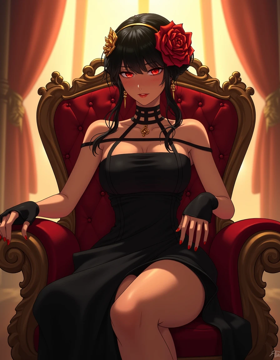 full body of yorforger in illustration style, she has dark hair styled in an elegant updo, adorned with a large, intricate rose hairpiece,

her eyes are glowing red, she wears a black, strapless dress and have long sexy legs. She is sitting on a throne and looking dominant.
she's wearing mitten at her hand.

the composition is very cinematic and the background has golden hour sunray,