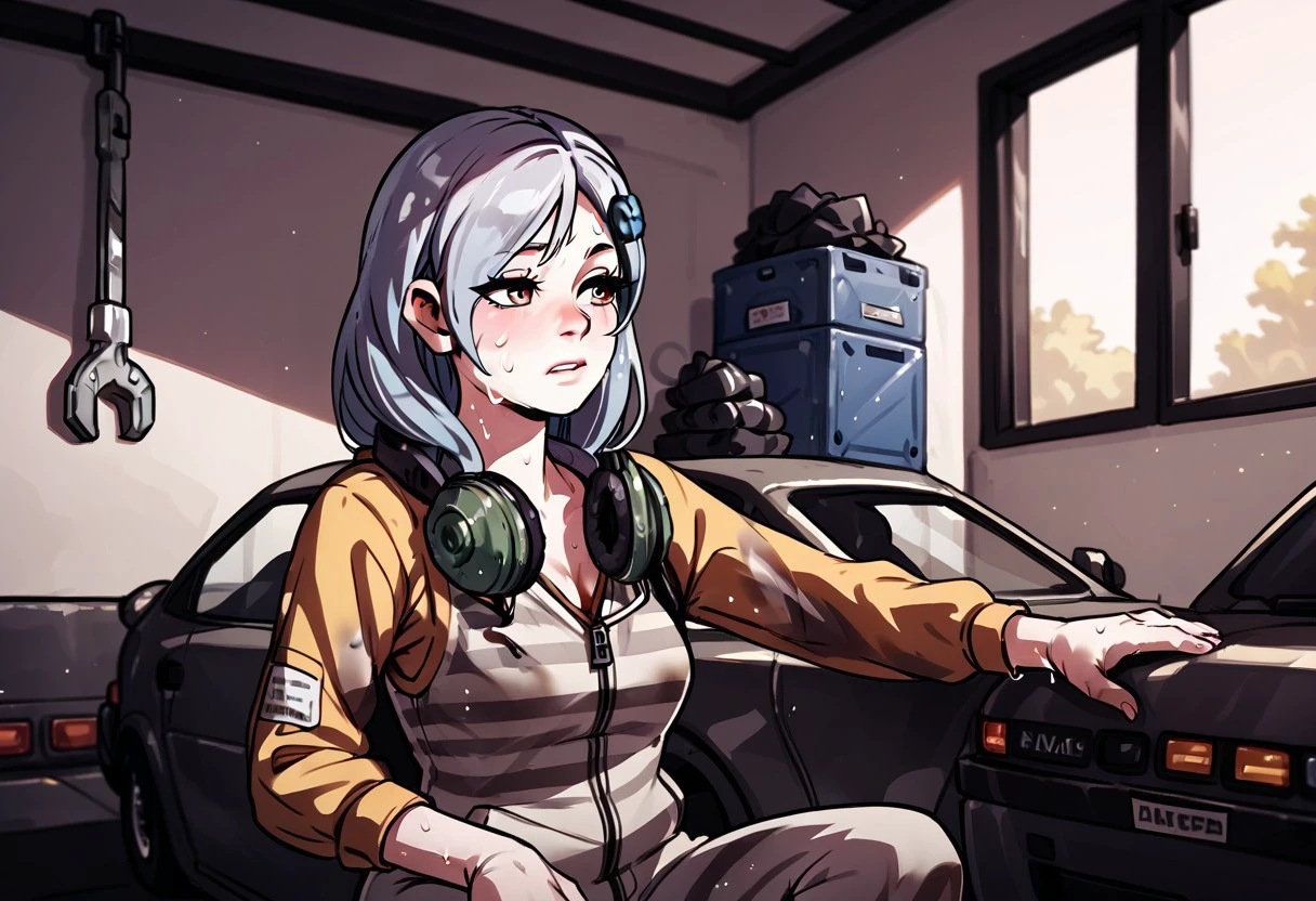 score_9_up, score_8_up, score_7_up, indoors, garage, detailed background, BREAK
sunnyMGR, solo, 1girl, jumpsuit, headphones on head, holding wrench, dirty, mechanic, sweat, sitting on car hood, wiping head, looking away