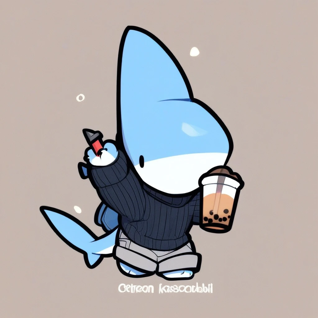 score_9_up, score_8_up, score_7_up, chibi, shark, chbi chark, solo, holding, bubble tea, black sweater, gray shorts, blue body