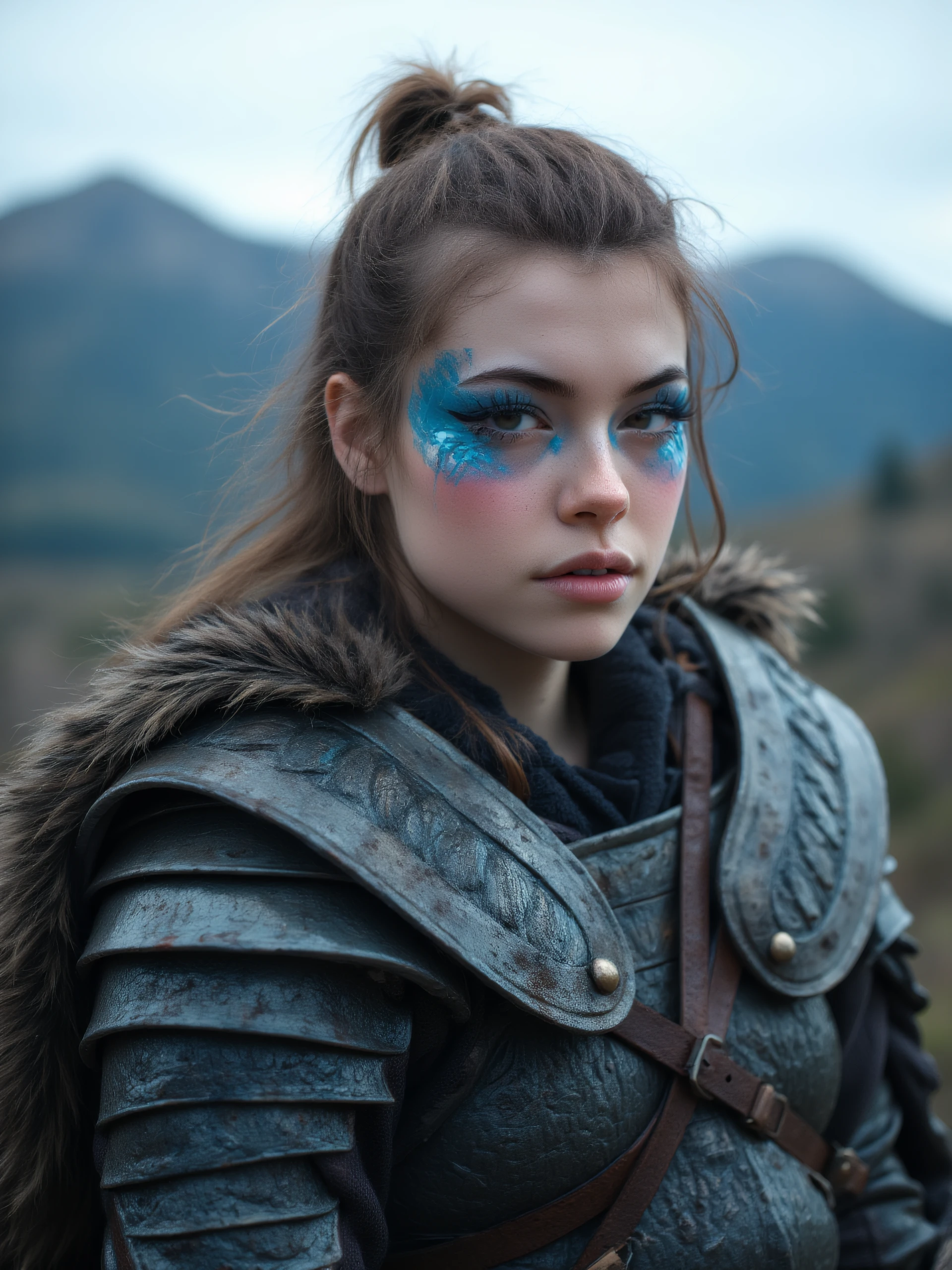 hnnhw woman adorned in viking warrior armor. her face is painted with blue war paint. she stairs intensely at the viewer. portrait. the background is bokah of highland mountains.