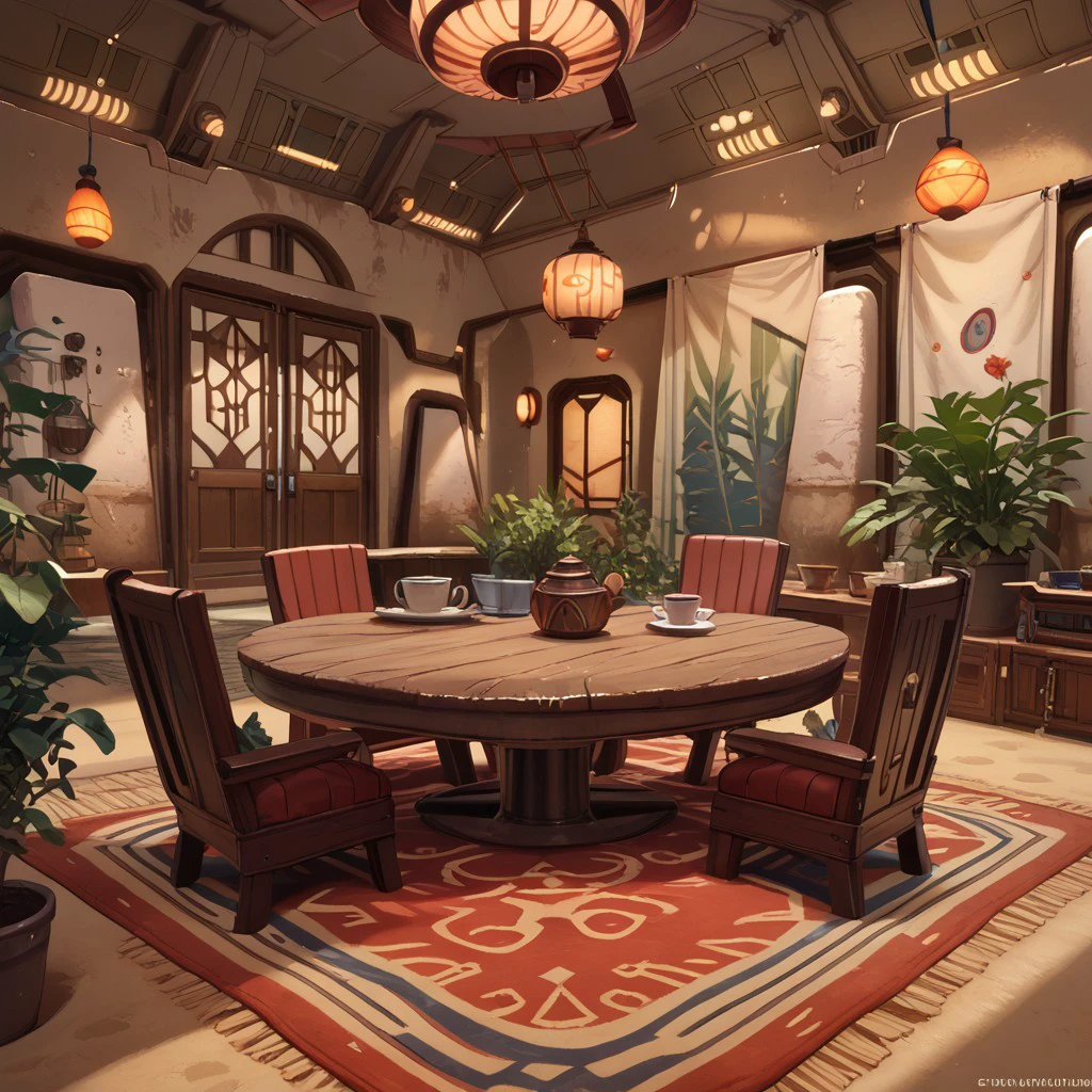 score_9, score_8_up, score_7_up, tatooine, homestead, star wars, table, lamp, plant, chair, cup, indoors, carpet, rug