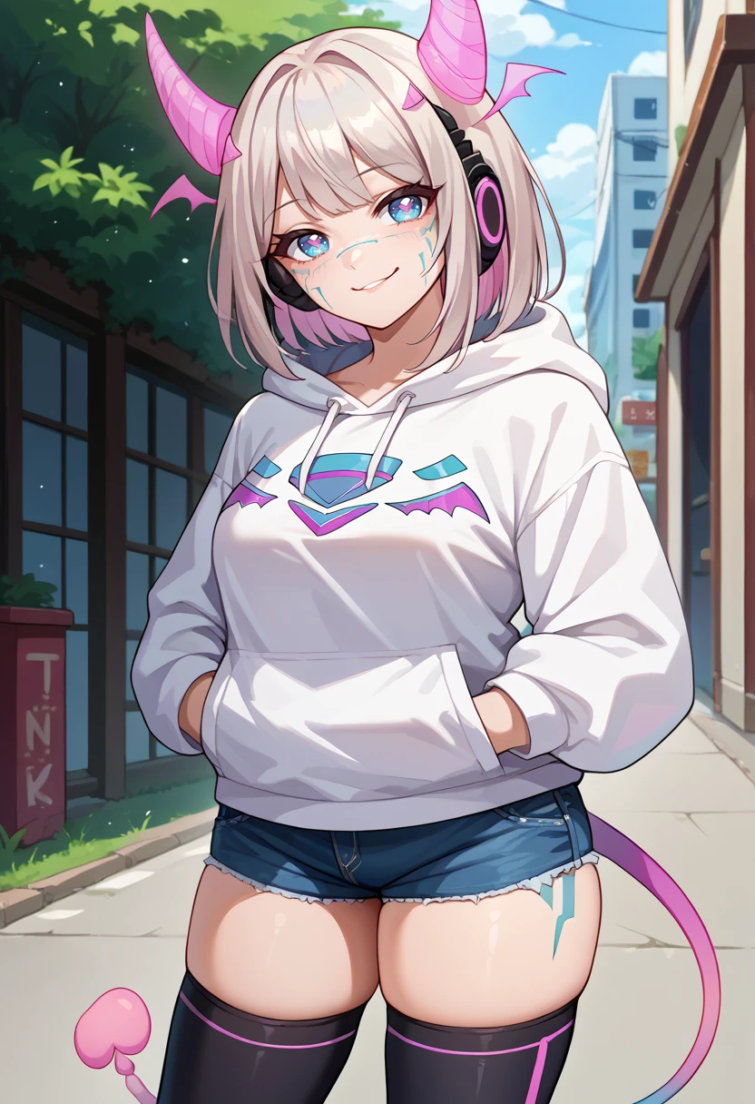 score_9, score_8_up, source_anime, 1girl, solo, MotherV3, short hair, multicolored eyes, pink horns, head wings, facial mark, headphones, tail, white hoodie, denim shorts, black thighhighs, skindentation, hands in pockets, outdoors, smile, smug, <lora:ChamMotherv3PonyXL:1>