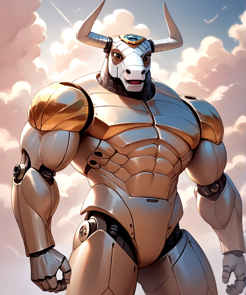 score_9, score_8_up, score_7_up,
<lora:Mumbo_Jumbo_(Silverhawks)_(Pony)_(AD):1> Mumbo Jumbo, Silverhawks_cartoon, robot, muscular, gold chrome, copper chrome, bronze chrome, metal body, horns, brown eyes,
8K, In'ei, chiaroscuro, depth of field, clear_eyes,
perfect hands, perfect proportions, peak physical perfection, perfect male physique, powerful muscular body,
dynamic pose, detailed anime background, detailed photographic fluffy anime clouds, masterclass anime, smooth metal body, bull robot, full metal body, 
BREAK zPDXL, zPDXLxxx,