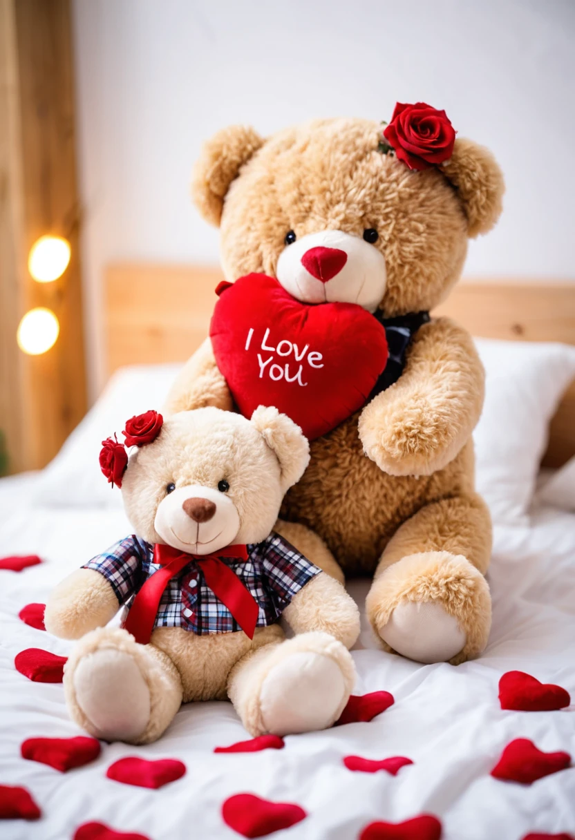 Teddy bears, plush toys, heart-shaped pillow, "I Love You", romantic setup, wooden surface, bokeh background, artificial flowers, red rose, polka dot dress, plaid shirt, indoor setting, love concept, Valentine's Day theme, soft focus, vibrant colors, shallow depth of field, gift idea, cute, affection, couple, toy photography.