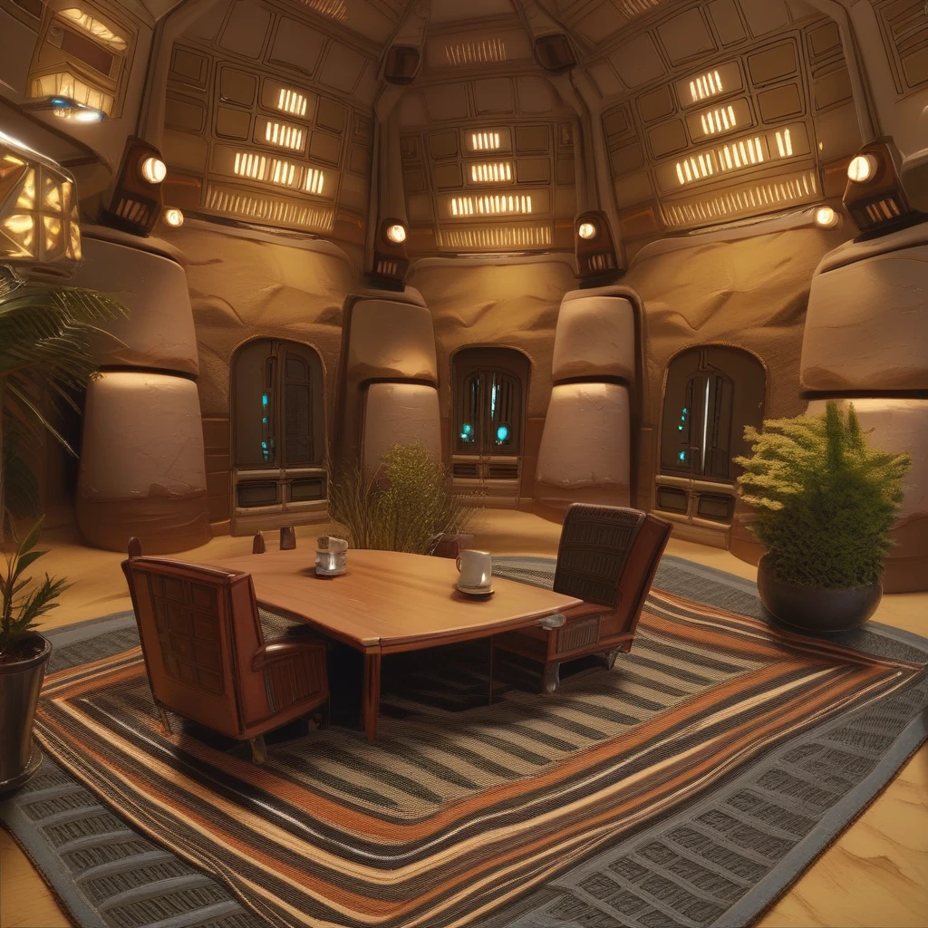 score_9, score_8_up, score_7_up, tatooine, homestead, star wars, scenery, table, lamp, plant, chair, cup, indoors, carpet, rug