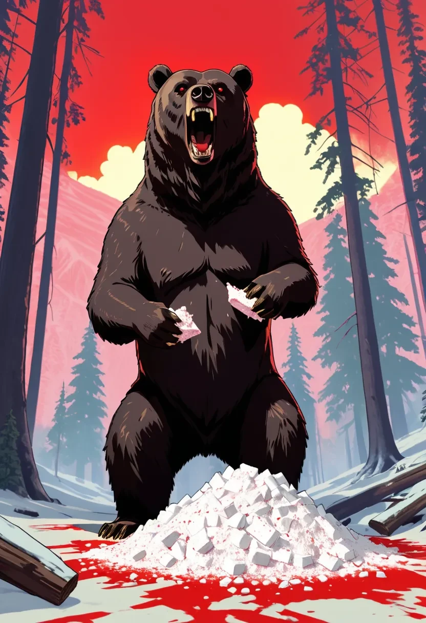 GTA style, huge roaring Grizzley cocaine bear with pile of white kilos of powder in the forest, glowing red eyes, award winning art, ultra high quality <lora:GTA_epoch_10:1>