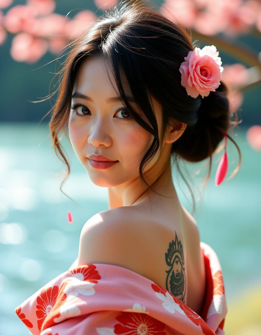 Japanese woman, floral kimono, exposed shoulders, from behind, beautiful face, thick eyelashes, glossy eyes, black hair, (cute smile), dark eyeshadow, shoulders tattoos, back tattoos, floral decoration in hair, falling petals, beautifully backlit, wideshot, lake background,photo, raw,realistic