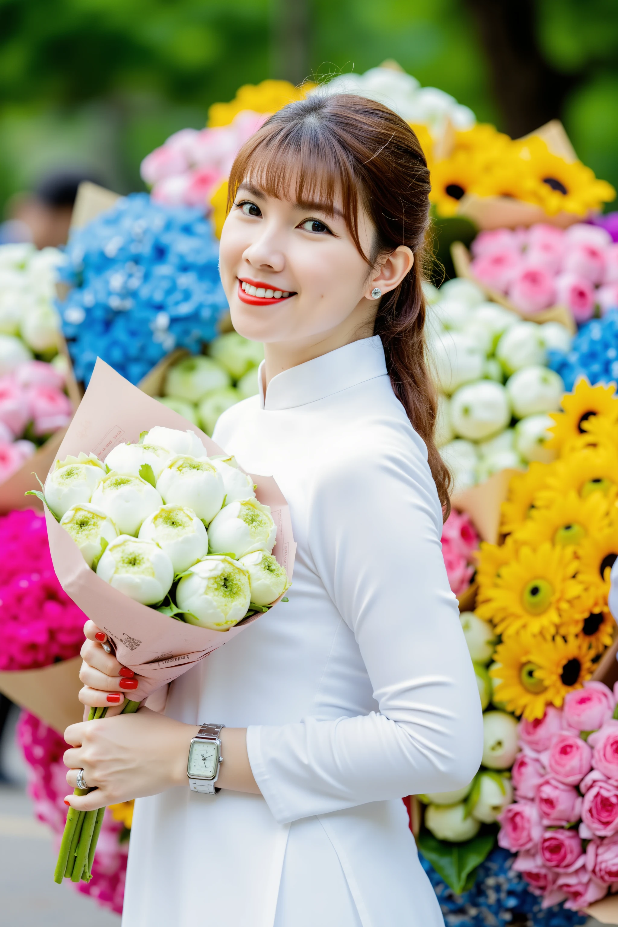 HanoiGirl, aodai, a young woman wearing a white traditional Vietnamese dress. she held a bouquet of flowers. She is standing in front of a large bouquet of colorful flowers. The woman is relaxed mood with closed mouth, buck teeth, and looking at the camera. The bouquet is made up of different types of flowers in shades of pink, blue, yellow, and white. The background is blurred, but it appears to be an outdoor setting with trees and people visible. The overall mood of the image is cheerful and vibrant.
