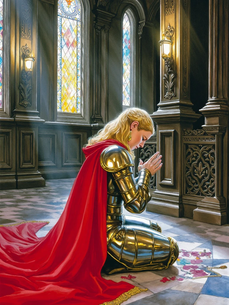 alexross style, vintage comicbook illustration, distant shot of paladin woman in ornate armor and red cape praying on her knees, closed eyes, ornate silver armor with big golden shoulder pads, blonde hair with longe single braid, beam of light falls on her body, light made caustic effects because of stained glass windows and dim glowing candles, <lora:sxz-Alex-Ross-Flux:1>