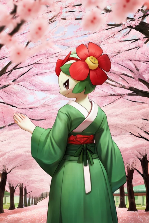 a smiling bellossom wearing a green kimono, cherry blossoms, looking back at viewer
in a cherry blossom orchard in Japan
by pokémon, by pokemon
<lora:bellossom:0.5>