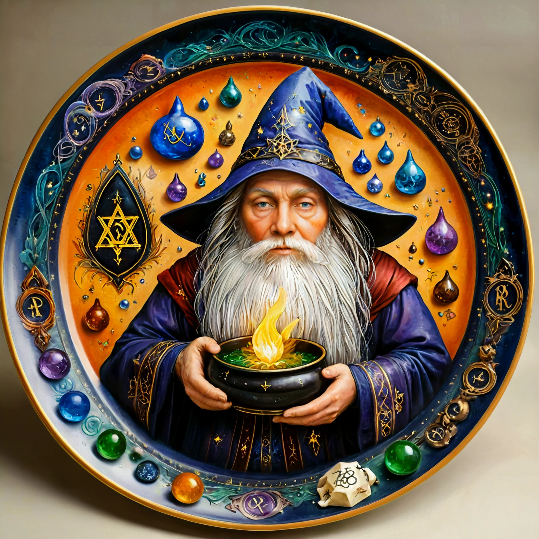 Portrait of a wizard.

Plate. Border of potions and mystical runes.

<lora:FantasyCeramic02-00_CE_SDXL_128OT:0.8> fntsycrmcCE