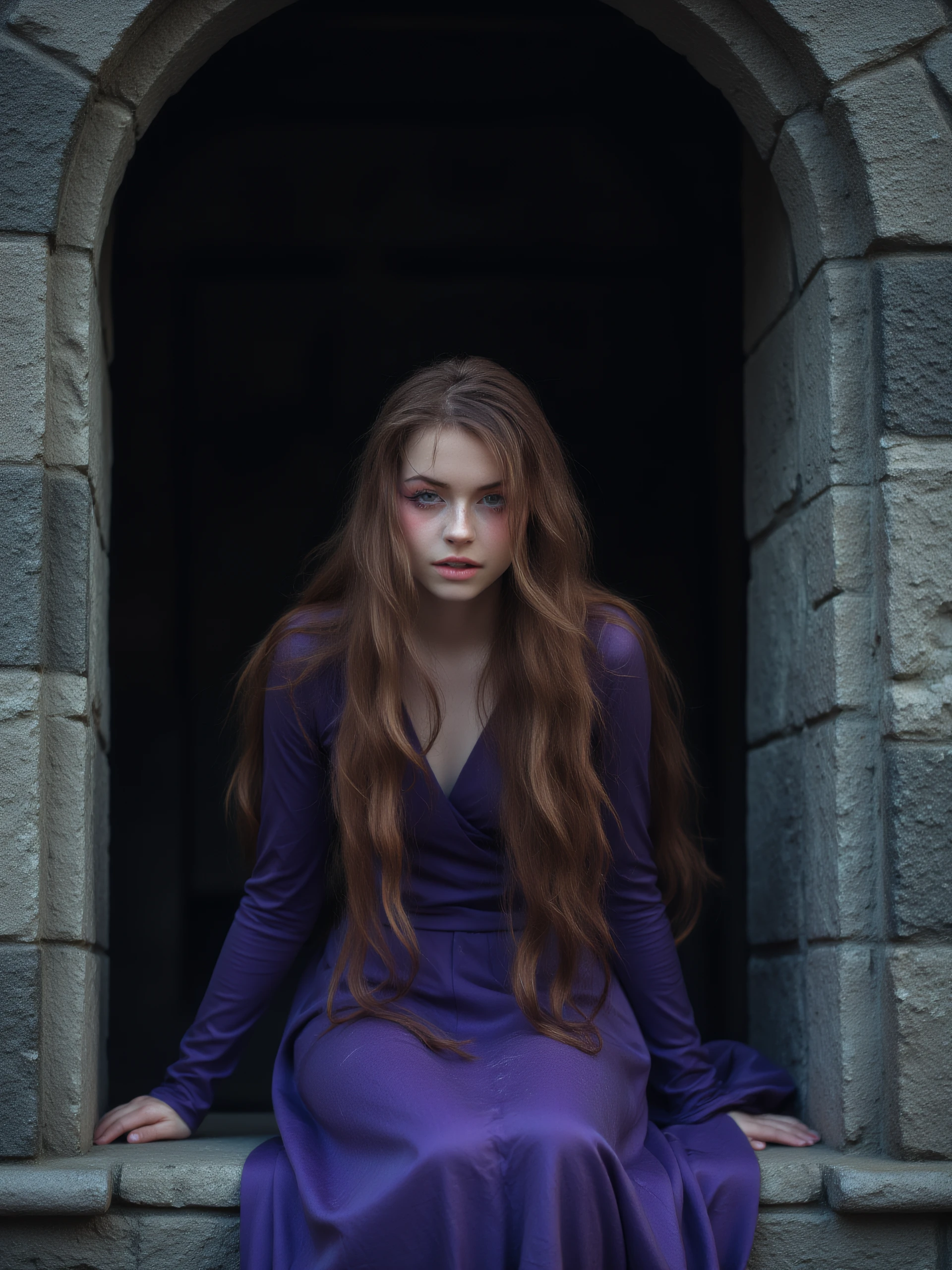 hnnhw woman cosplaying as repundsel. she is framed in a stone window of a stone tower. portrait. extremely long hair. purple gown. looking down at viewer. the scene is extremely detailed. she has a look of concern on her face. her long hair hangs from the window. her hair extends out of being the bottom of the frame.