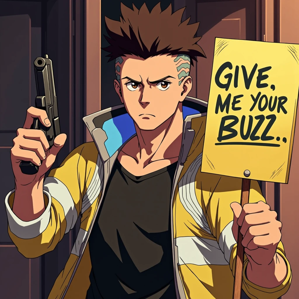 A man holding a gun in one hand and the other is holding a sign that reads 'give me your buzz', he looks angry he is waring a black shirt and a jellow jacket, anime style 