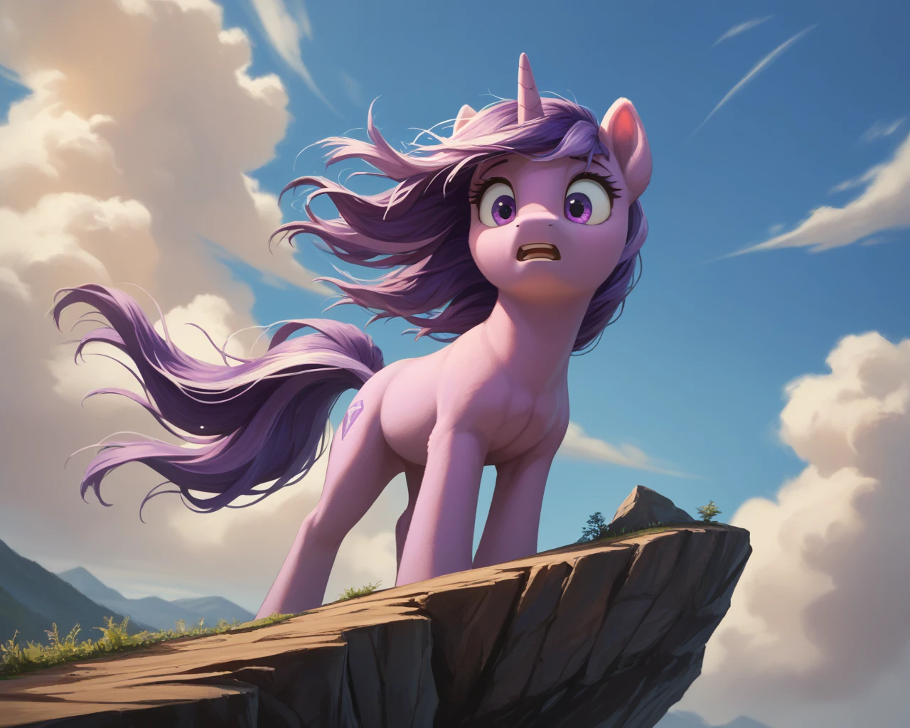 score_9, score_8_up, score_7_up BREAK
source_pony, rating_safe, solo, amethyst star, on the edge of a cliff, from below view, windswept mane, looking at something, looking down, worried, shocked, reaction image, dynamic pose, awe, detailed, detailed background, best quality <lora:amstr_new:1>