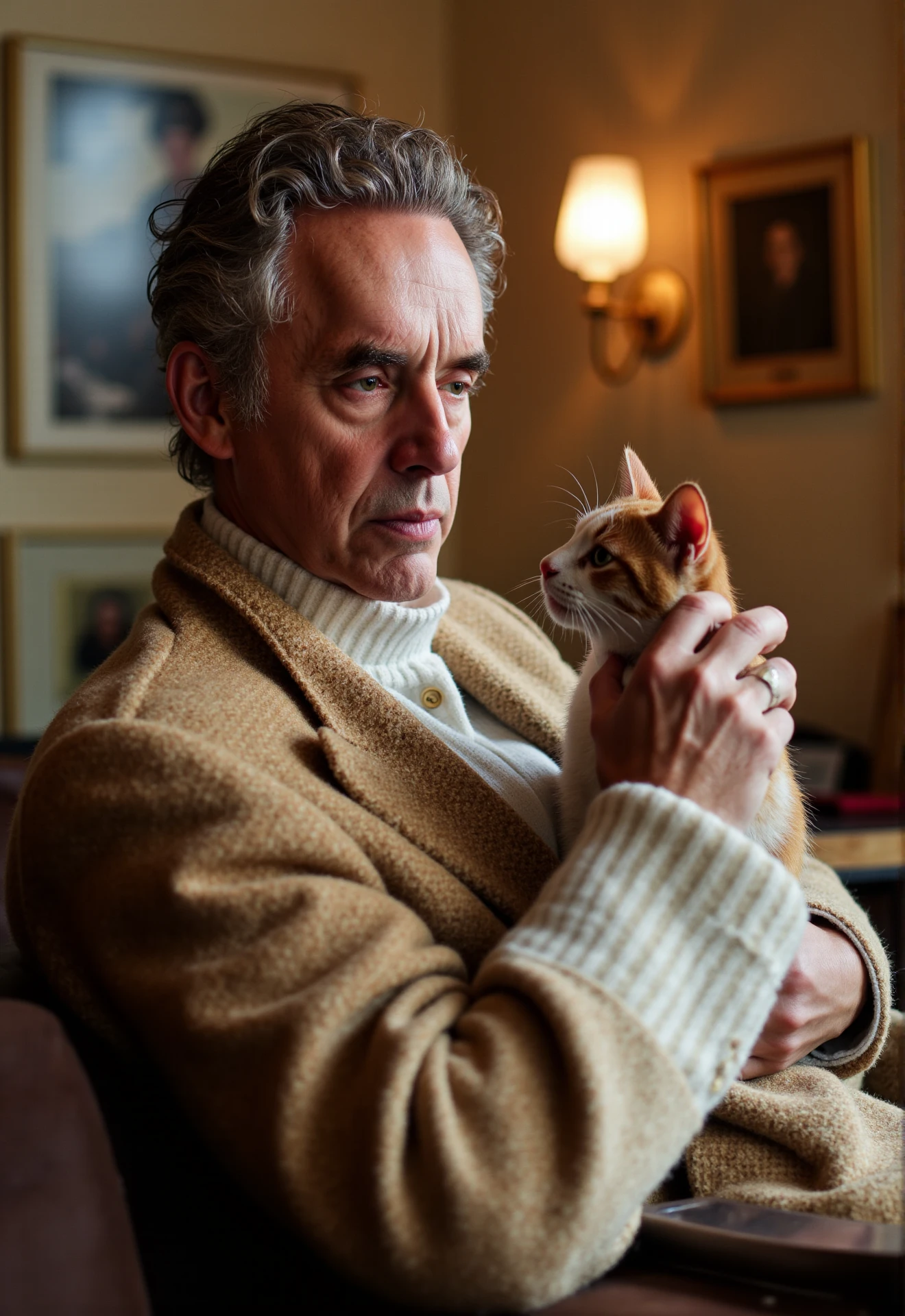 <lora:Jordan_Peterson_LoRA:1> Jordan Peterson petting his cat in the meeting for his underground organization, he is wearing pope clothes