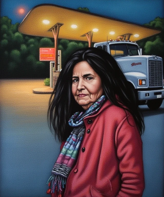 simple hispanic style painting of a older woman with long black hair standing in a truck stop parking lot. Rim lighting. Very festivly colorful. You can see the texture of the velvet and the brush strokes of the paint.