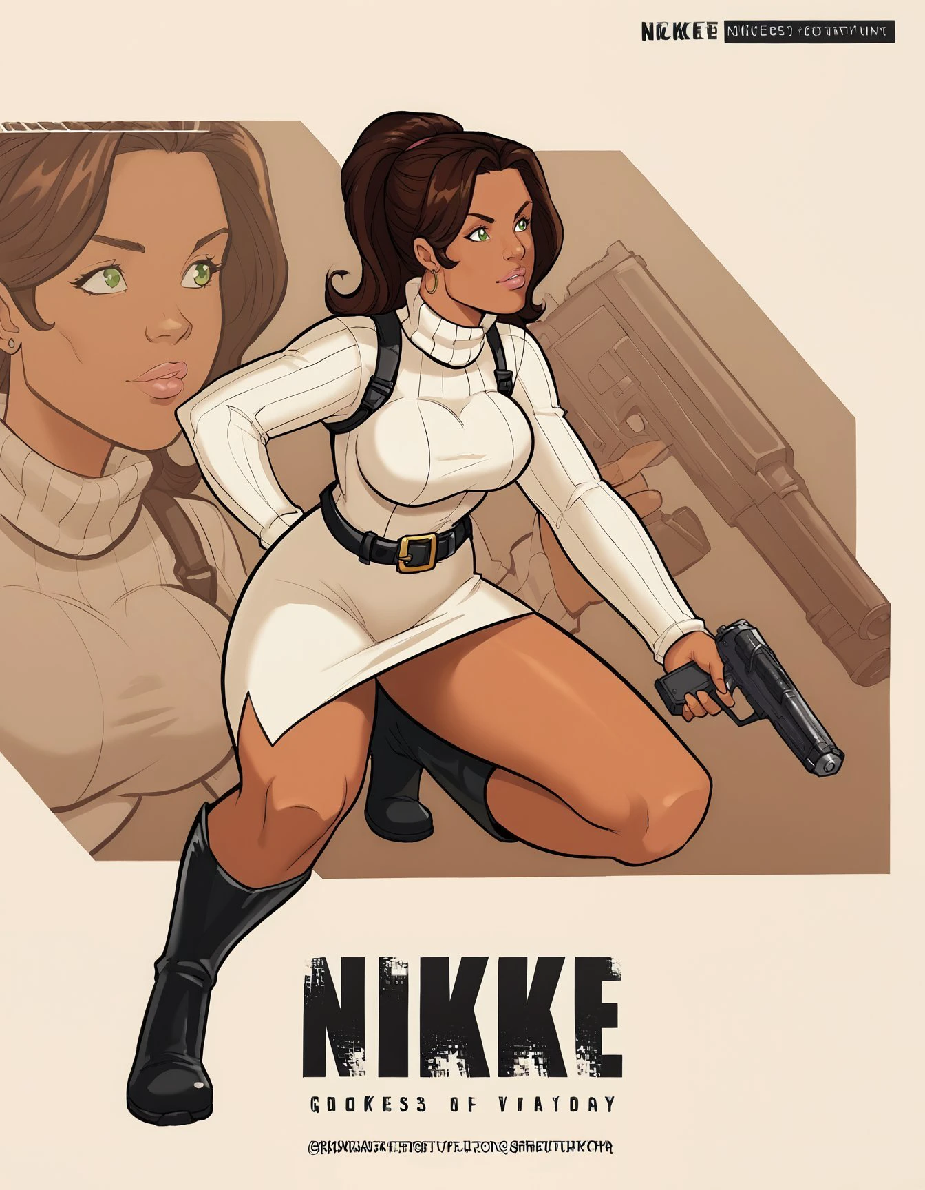 score_9, score_8_up, score_7_up, score_6_up, bbp-dh BREAK, IncrsNikkeProfile, full body, zoom layer, on one knee, holding gun, 1girl, dark-skinned female, lips, solo, green eyes, brown hair, ponytail, earrings, breasts, white turtleneck dress, belt,black theigh boots <lora:Artist_Style_-_Bad_Boy_Pool_JAB_PDXL:0.8> <lora:add-detail-xl:0.3> <lora:NikkeProfileV2_XLPD:0.8> <lora:LanaKanePony1.0:0.7>